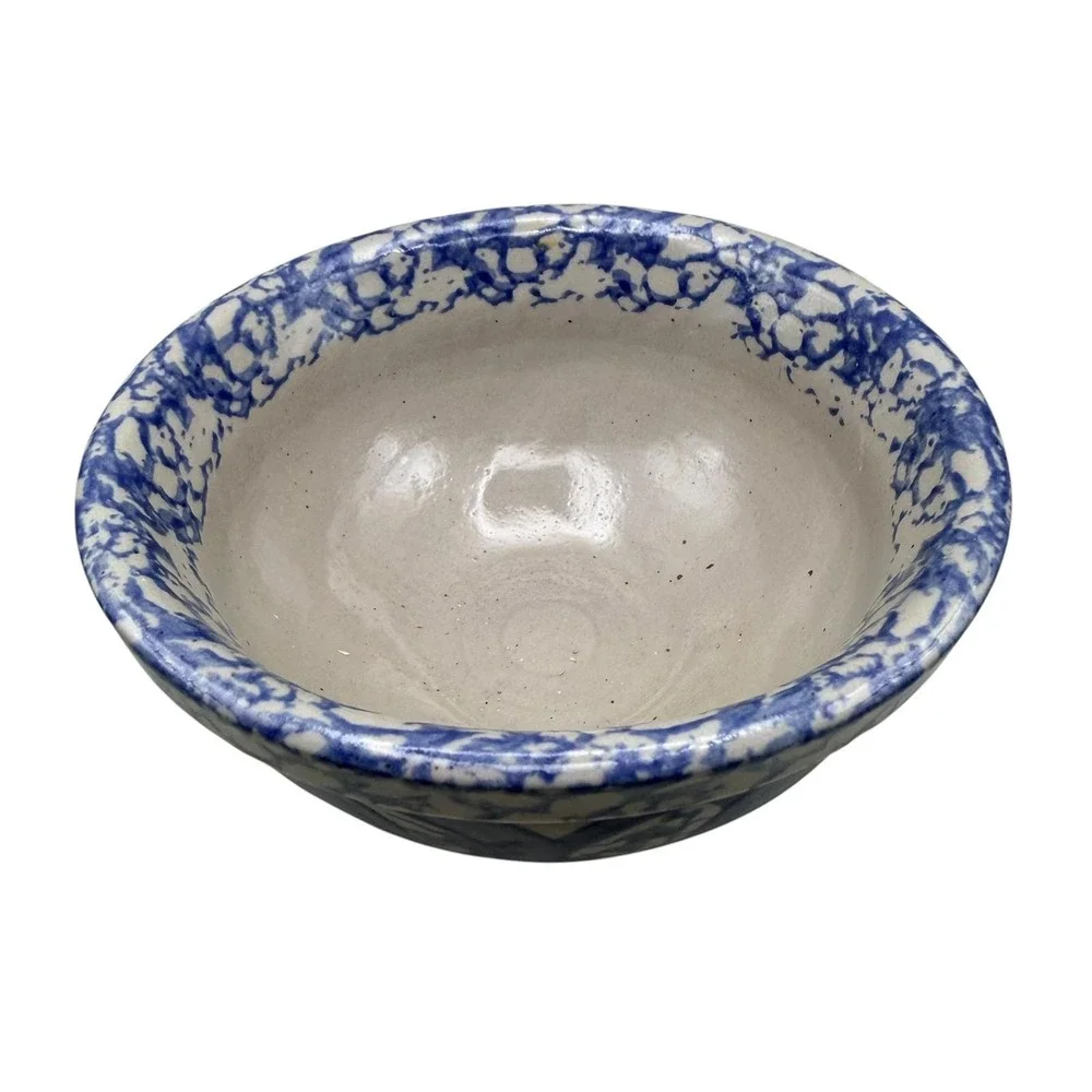 BBP Studio Pottery Blue White Spongeware Floral Stoneware Mixing Bowl 7 Inch